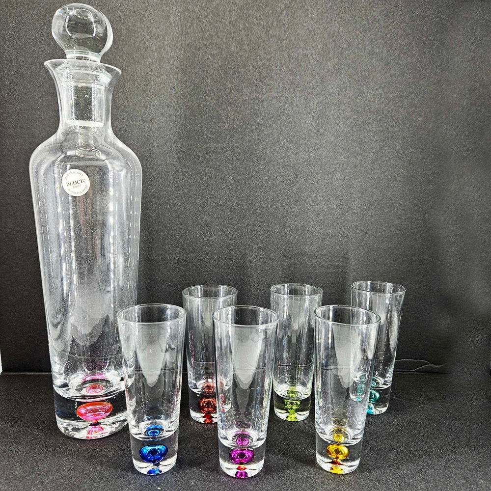 Block Crystal Multicolor Liquor Bar Barware Decanter 6 Cordial Glasses Set